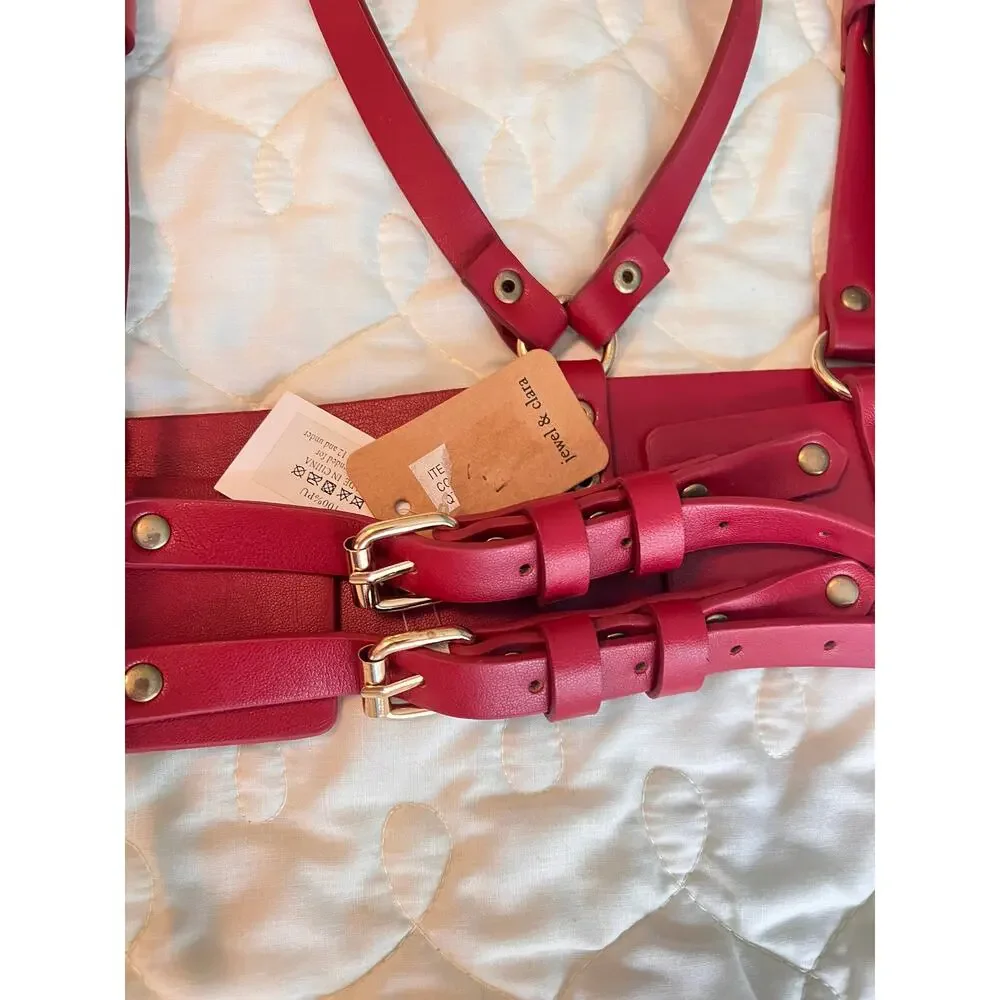 NWT Jewel & Clara red faux leather suspender harness belt adjustable body belt